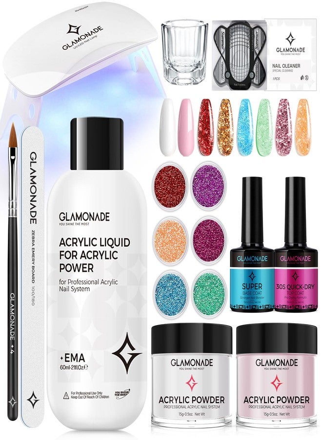 Glamonade Acrylic Nail Kit for Beginners: Clear Pink Acrylic Powder Set Professional Nails Kit Acrylic Set with UV Light and Glitter Powder for Home DIY - Image 1