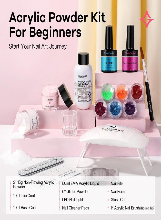 Glamonade Acrylic Nail Kit for Beginners: Clear Pink Acrylic Powder Set Professional Nails Kit Acrylic Set with UV Light and Glitter Powder for Home DIY - Image 2