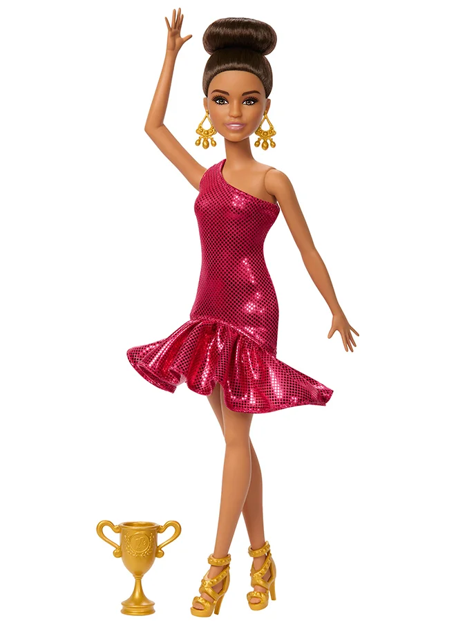 Barbie Ballroom Dancer Fashion Doll with Red Ruffle Dress, Dancing Shoes & Brown Styled Hair, Dancing Trophy Accessory