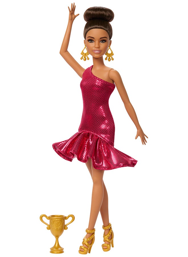 Barbie Ballroom Dancer Fashion Doll with Red Ruffle Dress, Dancing Shoes & Brown Styled Hair, Dancing Trophy Accessory  - Image 1