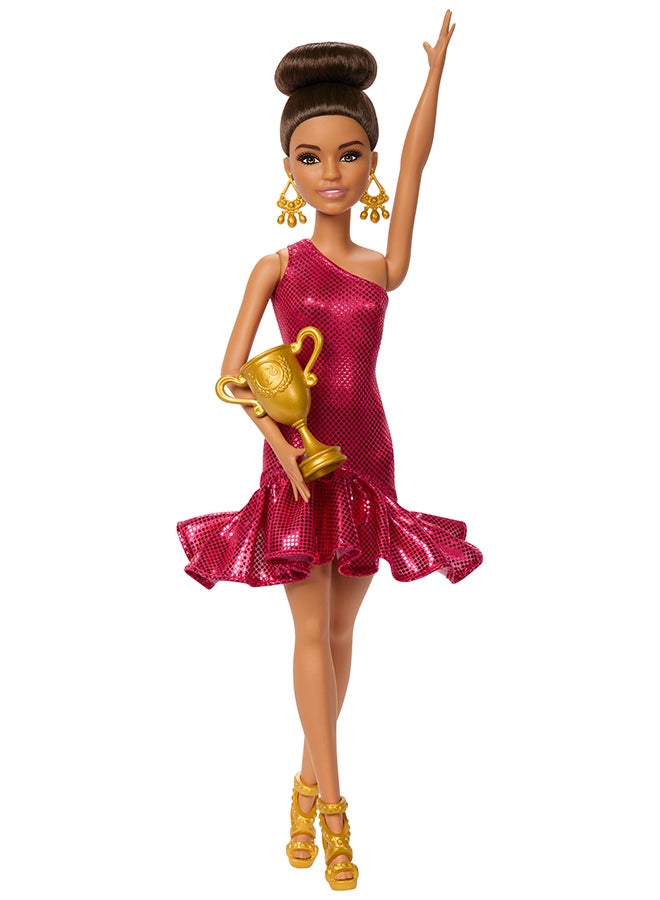 Barbie Ballroom Dancer Fashion Doll with Red Ruffle Dress, Dancing Shoes & Brown Styled Hair, Dancing Trophy Accessory  - Image 5
