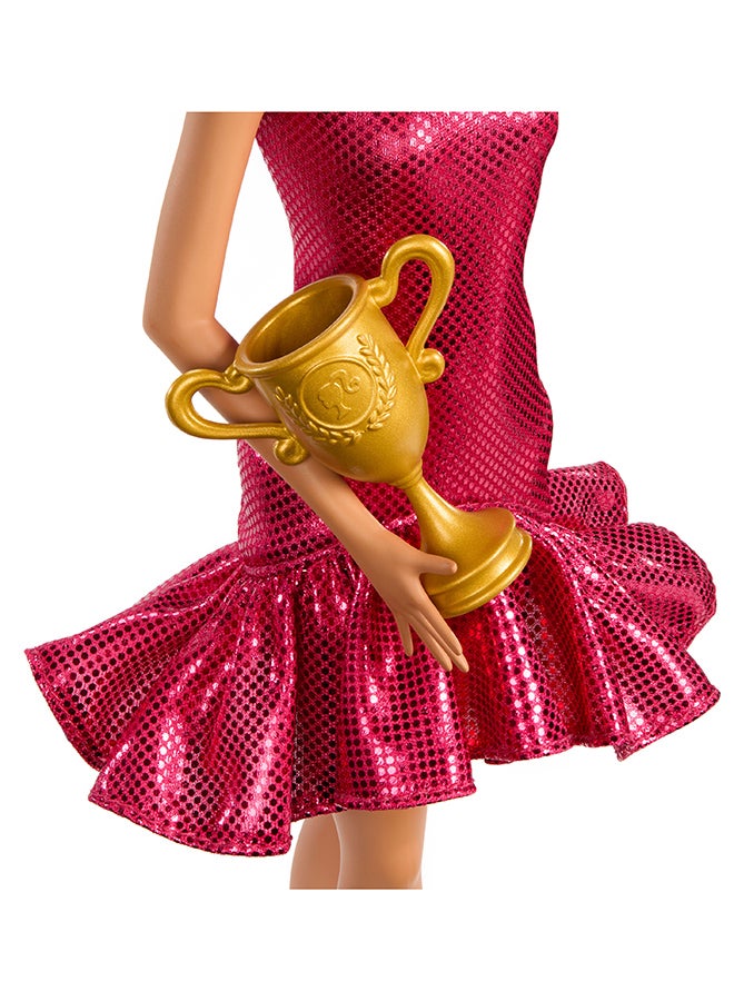 Barbie Ballroom Dancer Fashion Doll with Red Ruffle Dress, Dancing Shoes & Brown Styled Hair, Dancing Trophy Accessory  - Image 3