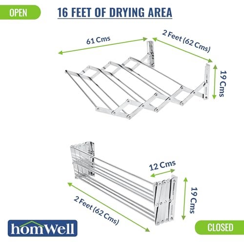 homWell Heavy Duty Stainless Steel 8 Pipe x 2 Feet Foldable Wall Mounted Clothes Drying Stand for Balcony Cloth Dryer Stand Towel Rack Clothes Stand for Drying - Image 3