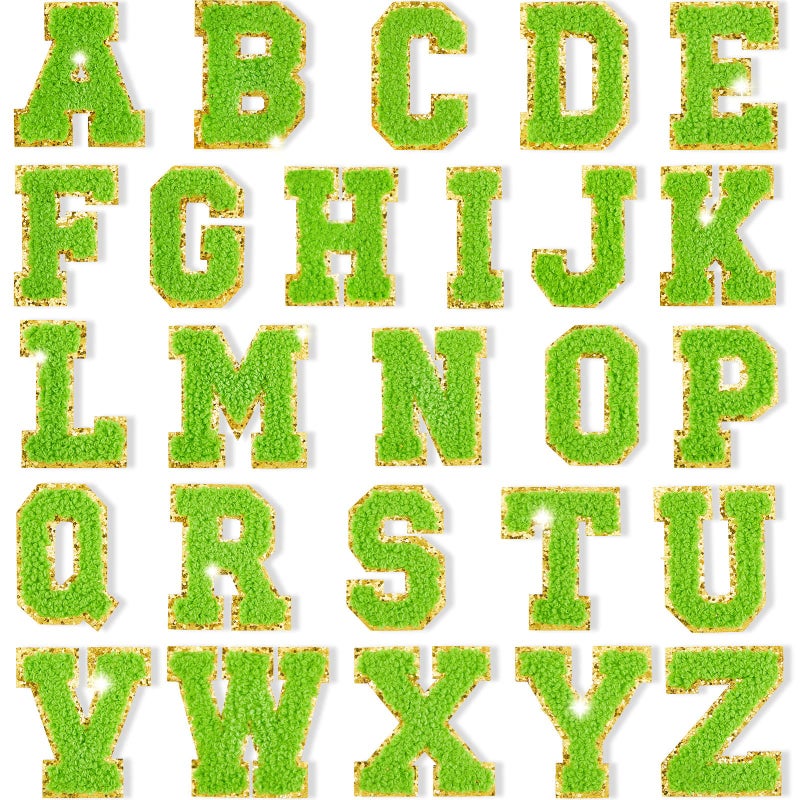 Mtlee 26 Pieces Glitters Patches Iron on Letters Chenille AZ Patches Decorative Repair Embroidered Personalized Sew on for Clothing Repairing Hats Shirts Shoes Jeans BagsGold Green