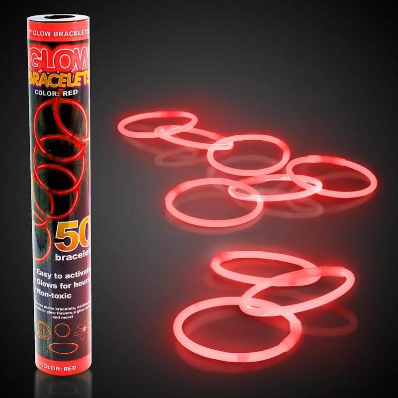 Fun Central 8” Glow Stick Bracelets – Bulk 50 Pack for Halloween Parties, Trick-or-Treat Safety, Haunted Houses, Parades & Nighttime Celebrations – Red - Image 1
