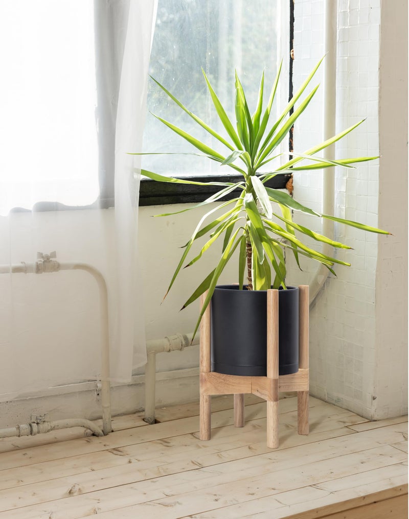 D'vine Dev Planter Pot with Stand - 8 Inch Plastic Cylinder Flower Pot with Wood Planter Holder for Indoor, Matte Black Pot + Natural Stand, 55-C-J-2 - Image 4