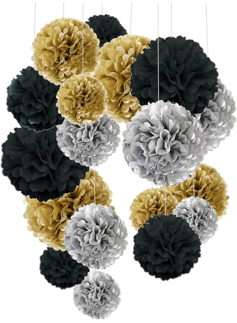 Mordely Wedding Party Decorations, 18PCS Black Gold & Silver Tissue Paper Pom Poms Kit for Birthday, New Year's Eve Party, Wedding, Graduation, Festival, Ceiling and Backdrop Decor - Image 1