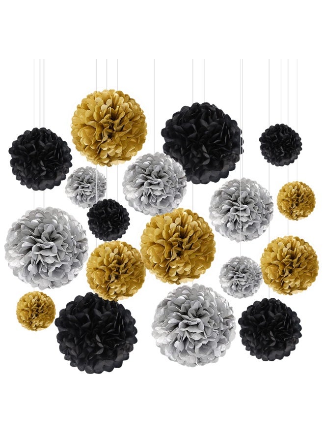 Mordely Wedding Party Decorations, 18PCS Black Gold & Silver Tissue Paper Pom Poms Kit for Birthday, New Year's Eve Party, Wedding, Graduation, Festival, Ceiling and Backdrop Decor - Image 2