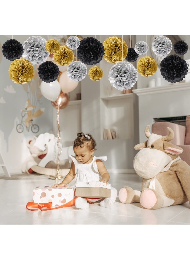 Mordely Wedding Party Decorations, 18PCS Black Gold & Silver Tissue Paper Pom Poms Kit for Birthday, New Year's Eve Party, Wedding, Graduation, Festival, Ceiling and Backdrop Decor - Image 5