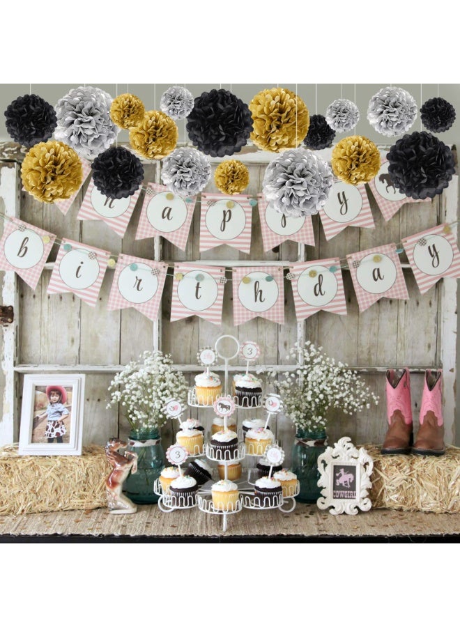 Mordely Wedding Party Decorations, 18PCS Black Gold & Silver Tissue Paper Pom Poms Kit for Birthday, New Year's Eve Party, Wedding, Graduation, Festival, Ceiling and Backdrop Decor - Image 4