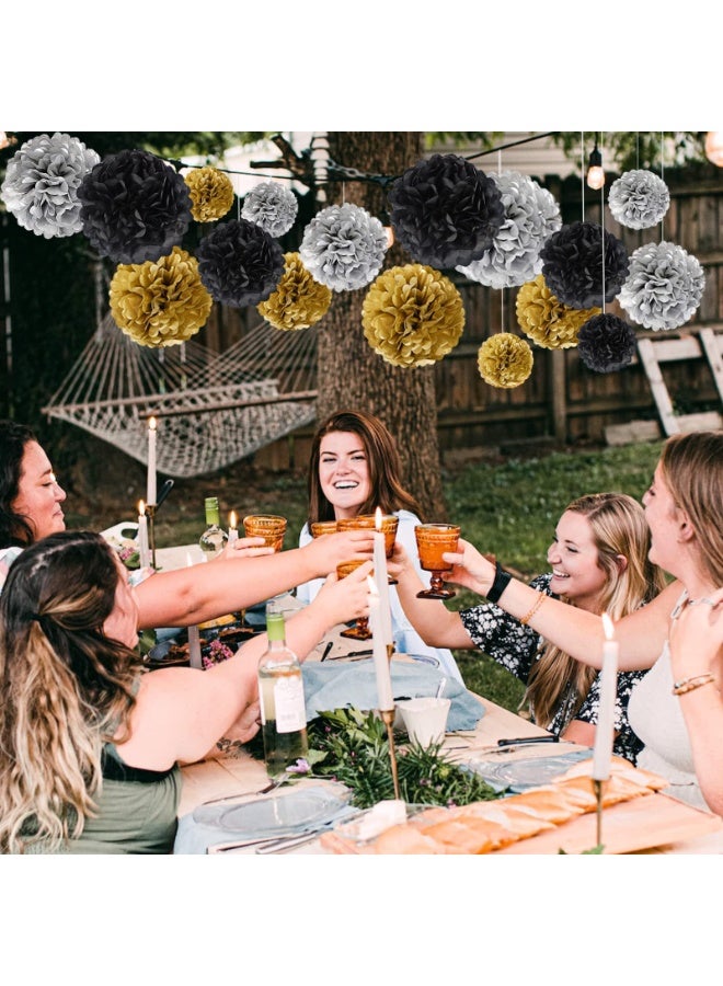 Mordely Wedding Party Decorations, 18PCS Black Gold & Silver Tissue Paper Pom Poms Kit for Birthday, New Year's Eve Party, Wedding, Graduation, Festival, Ceiling and Backdrop Decor - Image 3