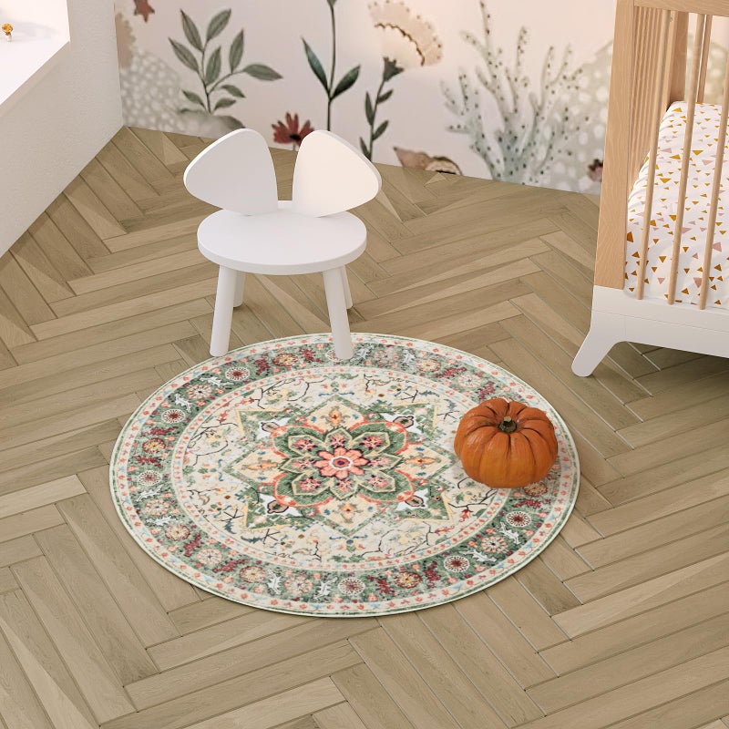 COYACOOL Round Rug for Living Room, 3Ft Round Washable Rug, Boho Small Circle Kitchen Area Rugs, Non Slip Low Pile Circular Rugs, Soft Round Carpet for Bedroom, Office, Kitchen Entryway, Bathroom (CreamGreen) - Image 5