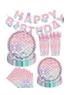 145PCS Mermaid Party Tableware Set Mermaid Birthday Party Supplies Mermaid Plates and Napkins Cups Forks Knives Banner Decorations Serve 24