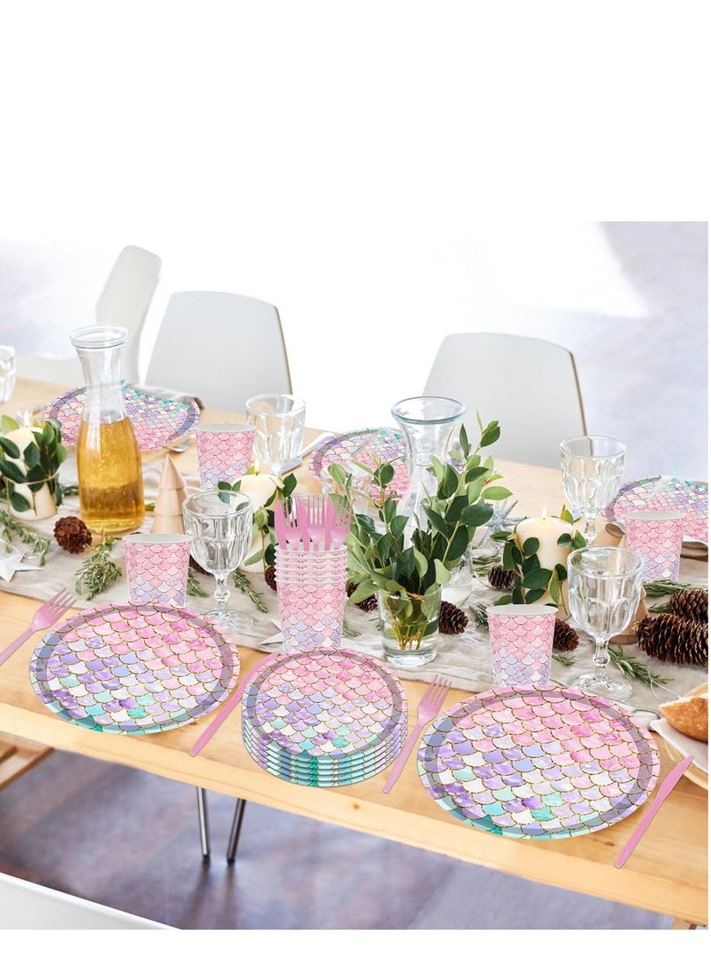 Generic - 145PCS Mermaid Party Tableware Set Mermaid Birthday Party Supplies Mermaid Plates and Napkins Cups Forks Knives Banner Decorations Serve 24 - Image 1