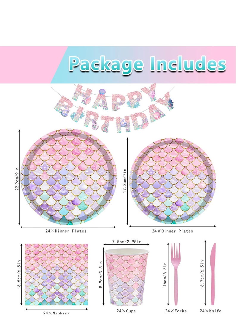 Generic - 145PCS Mermaid Party Tableware Set Mermaid Birthday Party Supplies Mermaid Plates and Napkins Cups Forks Knives Banner Decorations Serve 24 - Image 1