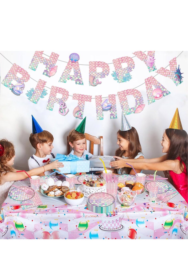 Generic - 145PCS Mermaid Party Tableware Set Mermaid Birthday Party Supplies Mermaid Plates and Napkins Cups Forks Knives Banner Decorations Serve 24 - Image 1