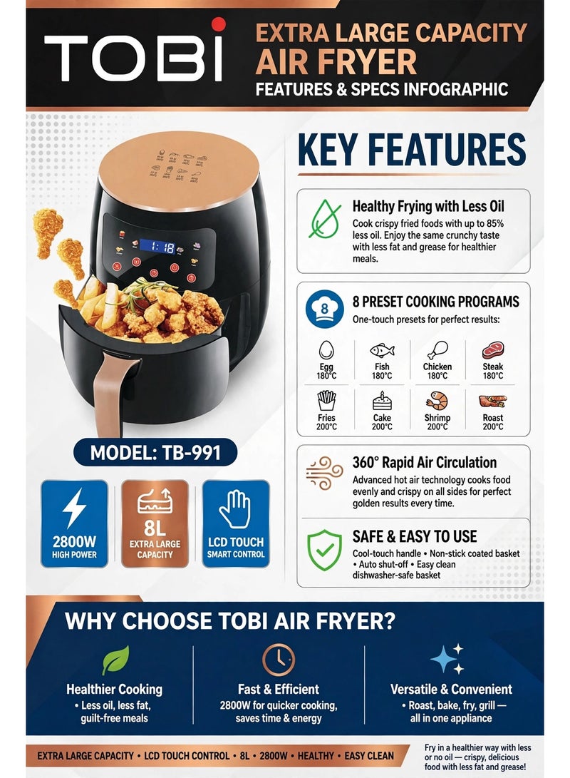 TOBI Extra Large 8L Air Fryer 2800W with Digital LCD Touch Control – Powerful Hot Air Circulation for Healthy Oil-Free Frying, Baking, Roasting and Reheating Chicken, Fries, Meat and Snacks - Image 5