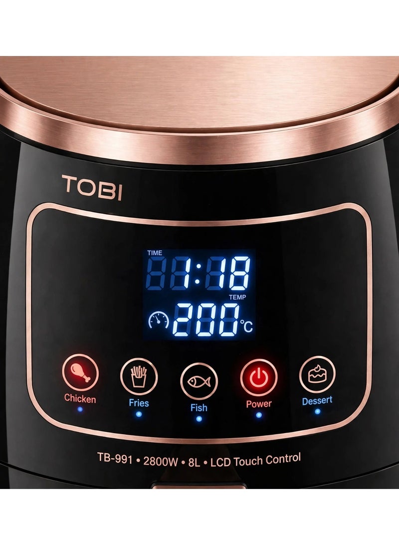 TOBI Extra Large 8L Air Fryer 2800W with Digital LCD Touch Control – Powerful Hot Air Circulation for Healthy Oil-Free Frying, Baking, Roasting and Reheating Chicken, Fries, Meat and Snacks - Image 3