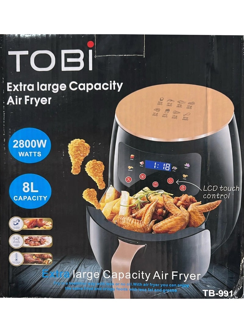 TOBI Extra Large 8L Air Fryer 2800W with Digital LCD Touch Control – Powerful Hot Air Circulation for Healthy Oil-Free Frying, Baking, Roasting and Reheating Chicken, Fries, Meat and Snacks - Image 2
