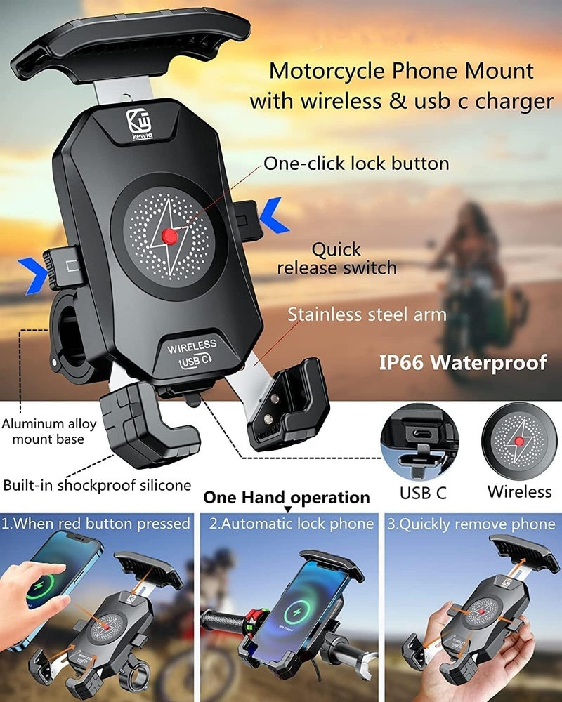 Kewig Motorcycle Phone Mount Qi 15W Wireless & USB C 20W Fast Chargeing Port, Automatically Lock & Quick Release Handlebar Cell Phone Holder for 4-7'' Phones - Image 3