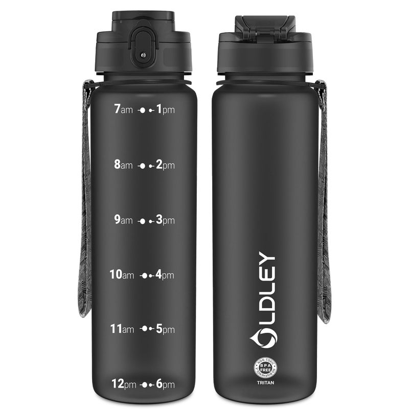 OLDLEY 32 oz Water Bottle, Motivational Water Bottle with Time Marker, Sports Water Bottle With Strap, Leakproof & BPA Free Large Water Bottles for School, Gym, Travel, Outdoor, Tritan,Black - Image 1