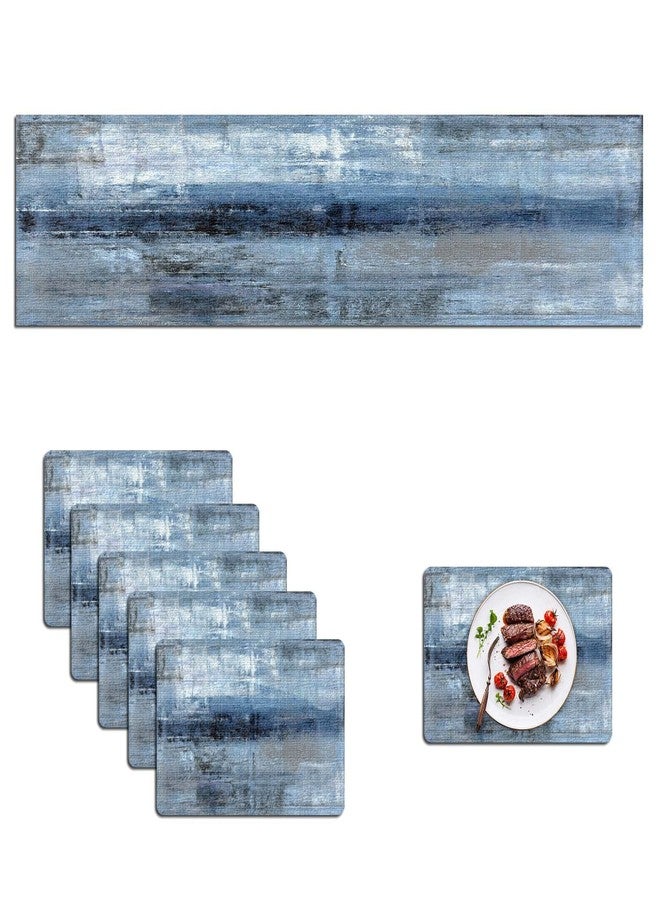 Mcalk Dark Blue Table Runner and Placemats Set of 6 Pieces, Blue Placemat, Cloth Place Mats Indoor for Kitchen, Washable Abstract Placemats Linen Material for Dining Table - Image 1