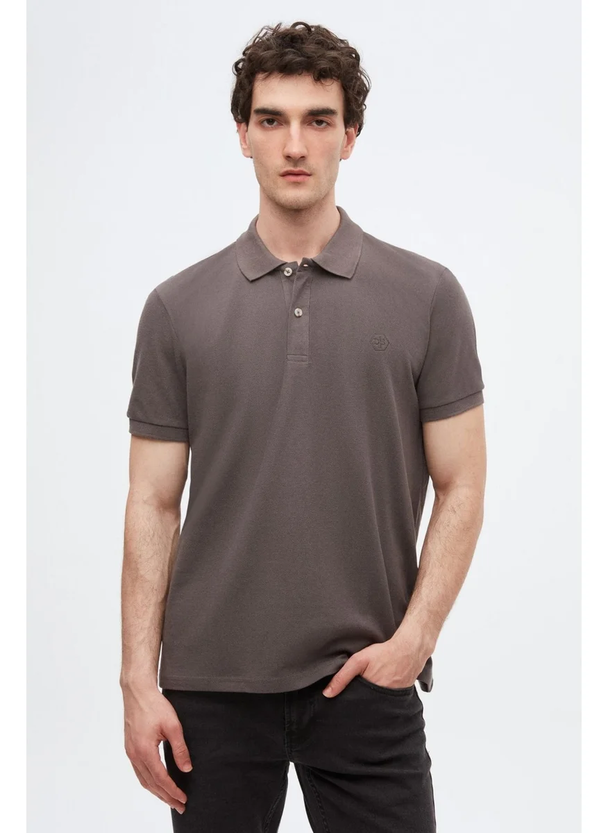 D'S DAMAT Regular Fit Anthracite Pique Textured 100% Cotton Non-Curl Polo Collar Embroidered T-Shirt 4HC14ORT51000