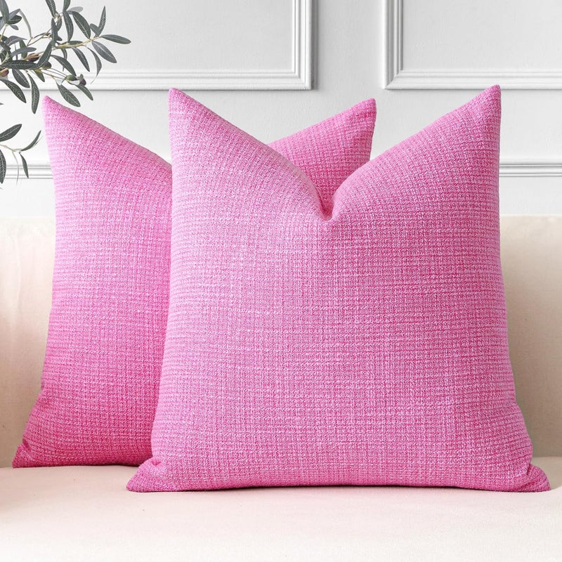 OTOSTAR Pack of 2 Throw Pillow Covers 16x16 Inch Linen Hot Pink Pillowcases Farmhouse Decorative Solid Pillow Covers 40x40 cm Square Cushion Case for Home Decor Sofa Couch Bed (Hot Pink) - Image 1