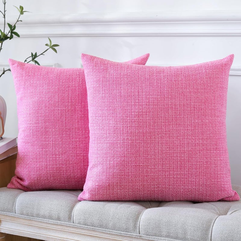 OTOSTAR Pack of 2 Throw Pillow Covers 16x16 Inch Linen Hot Pink Pillowcases Farmhouse Decorative Solid Pillow Covers 40x40 cm Square Cushion Case for Home Decor Sofa Couch Bed (Hot Pink) - Image 3