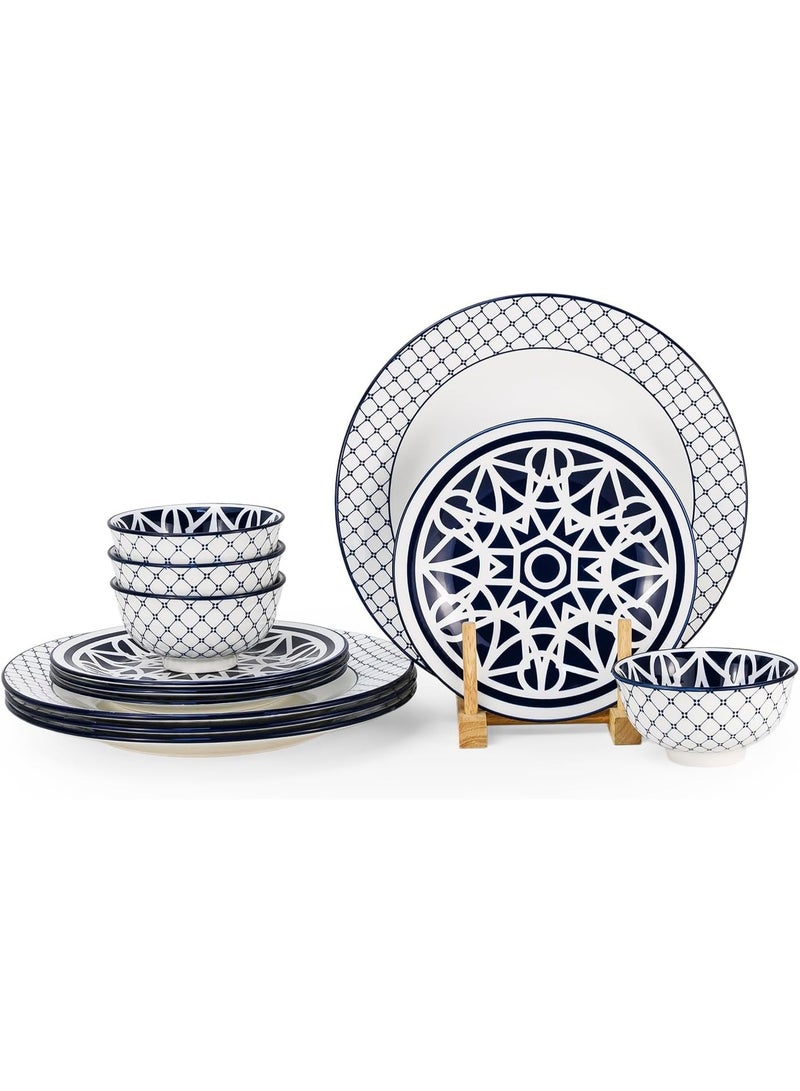 Shallow Amalfi 12 Piece Porcelain Dinner Set, Serves 4 people, includes 4 x 10.5" Dinner Plates, 4 x 7.5" Salad plates, 4 x 4.5" bowls, Elegant Blue Modern Crockery - Image 1