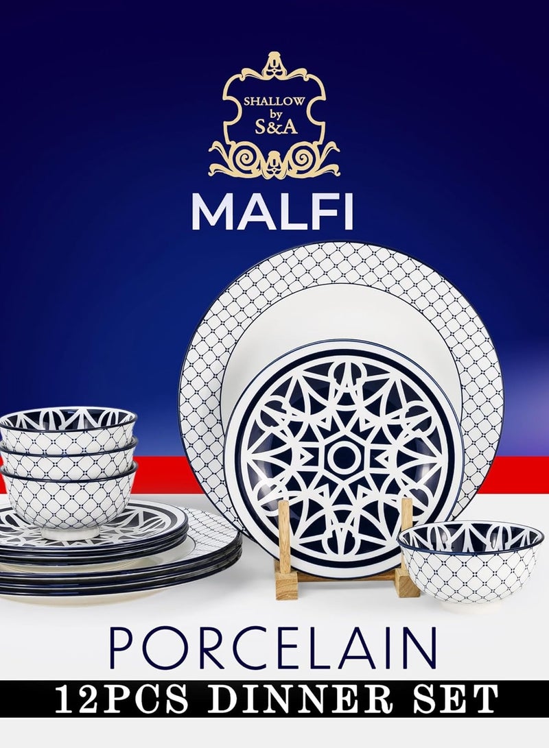 Shallow Amalfi 12 Piece Porcelain Dinner Set, Serves 4 people, includes 4 x 10.5" Dinner Plates, 4 x 7.5" Salad plates, 4 x 4.5" bowls, Elegant Blue Modern Crockery - Image 3