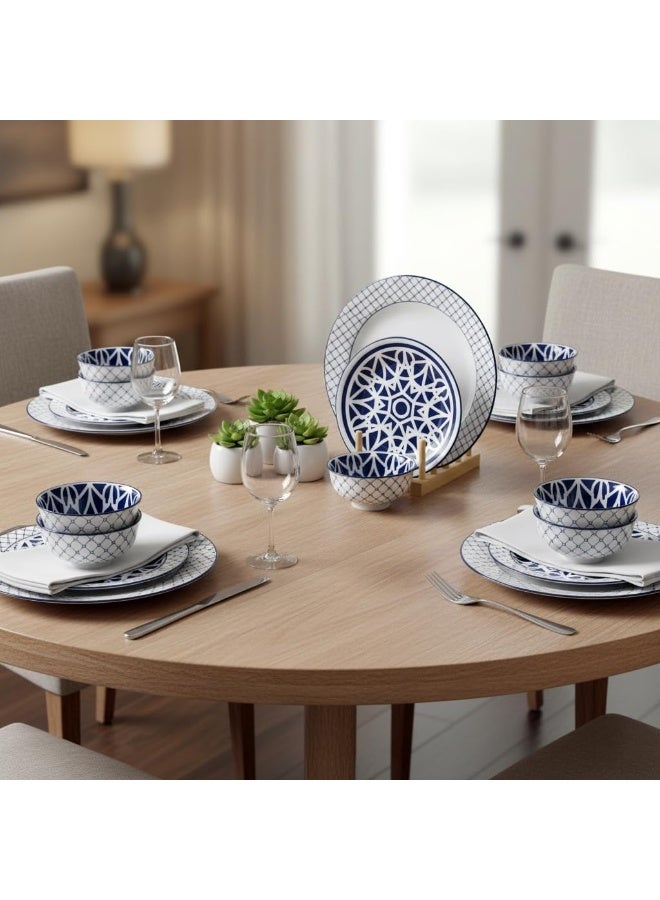 Shallow Amalfi 12 Piece Porcelain Dinner Set, Serves 4 people, includes 4 x 10.5" Dinner Plates, 4 x 7.5" Salad plates, 4 x 4.5" bowls, Elegant Blue Modern Crockery - Image 2