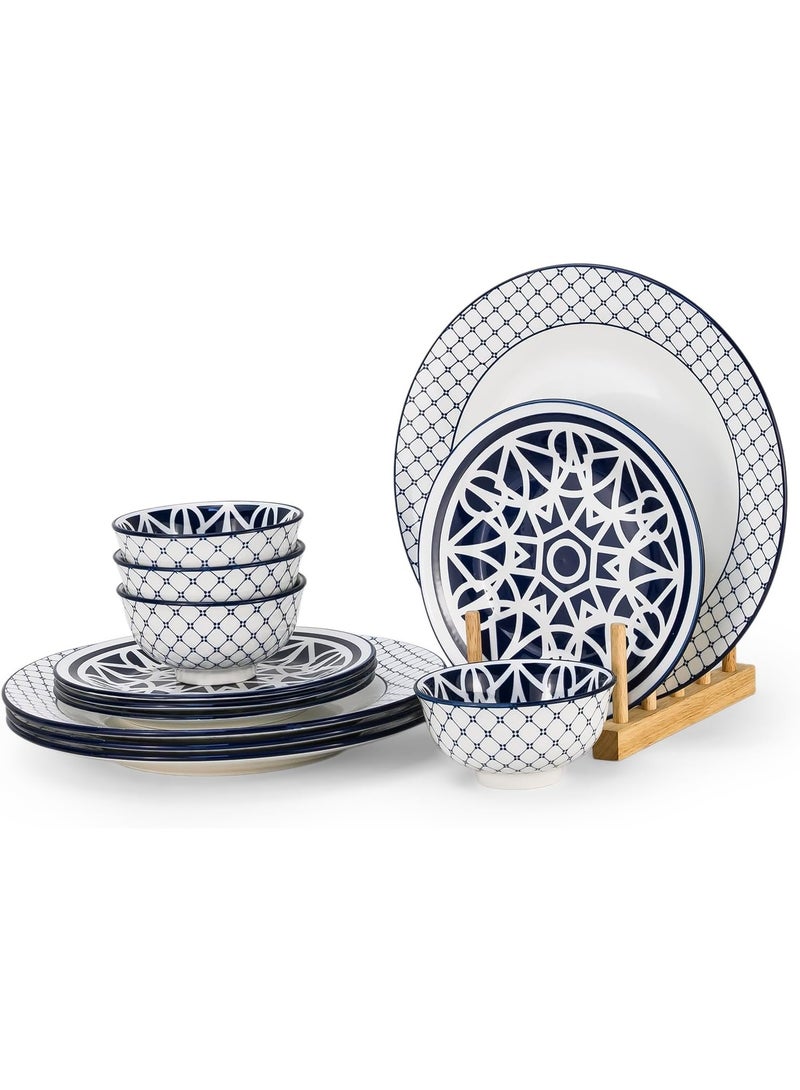 Shallow Amalfi 12 Piece Porcelain Dinner Set, Serves 4 people, includes 4 x 10.5" Dinner Plates, 4 x 7.5" Salad plates, 4 x 4.5" bowls, Elegant Blue Modern Crockery - Image 5