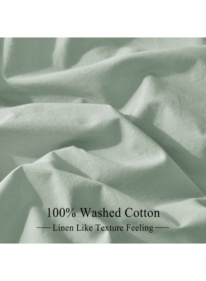 PHF 100% 3pcs Garment Washed Cotton Duvet Cover King Size (264cm x 230cm) with 2 Pillowcases (50cm x 90cm), Linen Like Breathable Durable Soft, Artemesia Green - Image 3