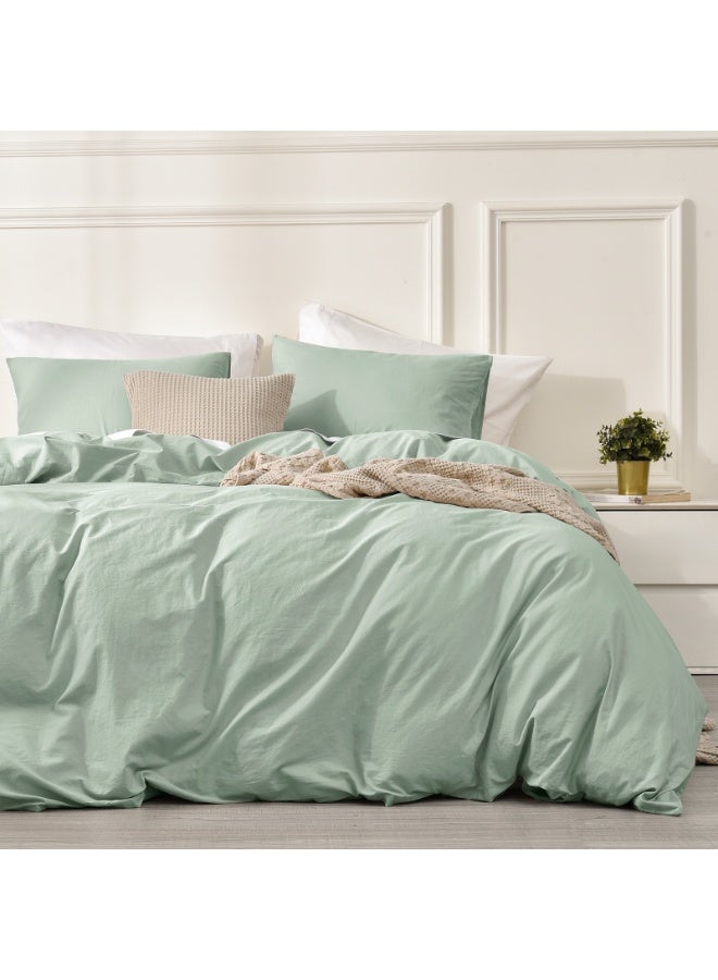 PHF 100% 3pcs Garment Washed Cotton Duvet Cover King Size (264cm x 230cm) with 2 Pillowcases (50cm x 90cm), Linen Like Breathable Durable Soft, Artemesia Green - Image 1
