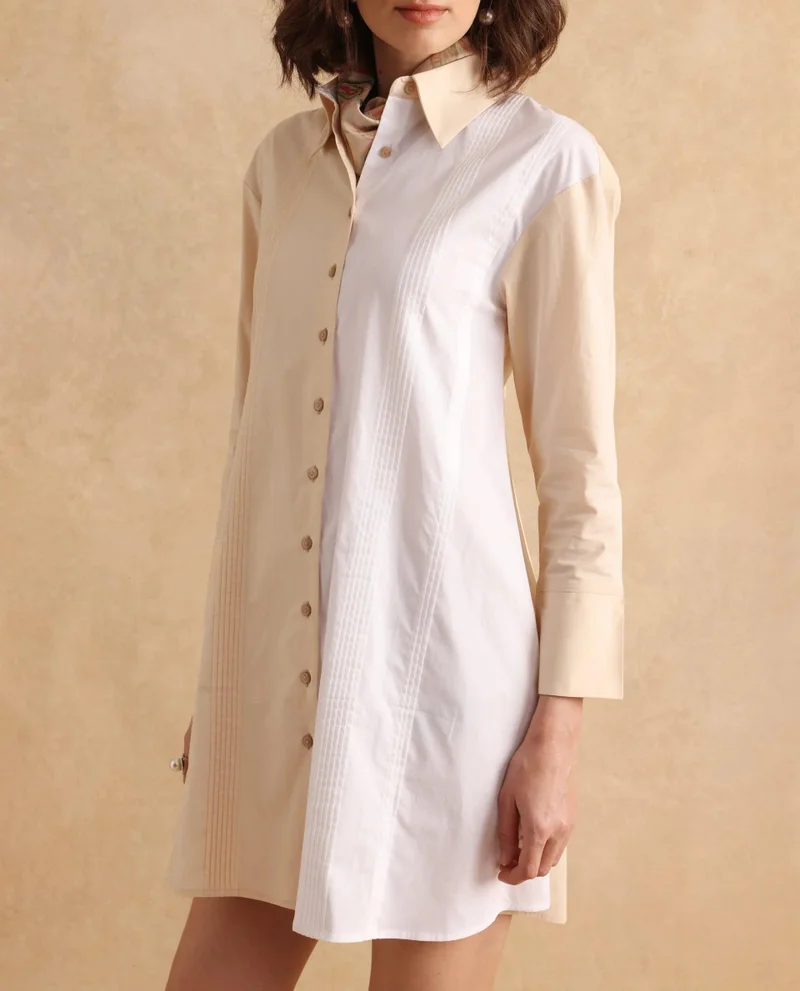 Rareism Rareism Women's Loibx White & Beige Cotton Fabric Collared Neck Button Closure Cuffed Sleeve Color Block Straight Fit Mini Dress