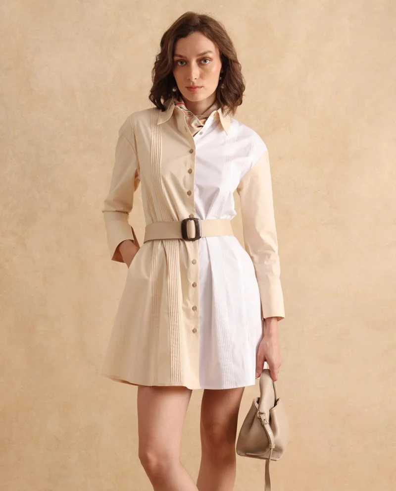 Rareism Rareism Women's Loibx White & Beige Cotton Fabric Collared Neck Button Closure Cuffed Sleeve Color Block Straight Fit Mini Dress