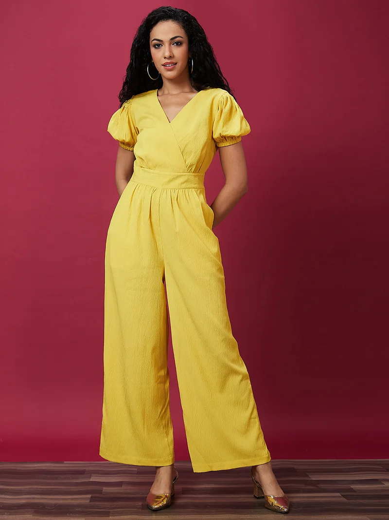 globus Women Yellow V-Neck Puff Sleeves Waist Tie-Ups Basic Jumpsuit