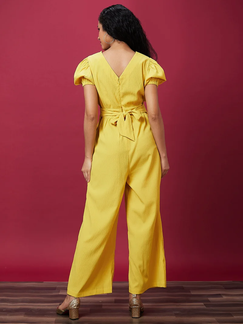 globus Women Yellow V-Neck Puff Sleeves Waist Tie-Ups Basic Jumpsuit