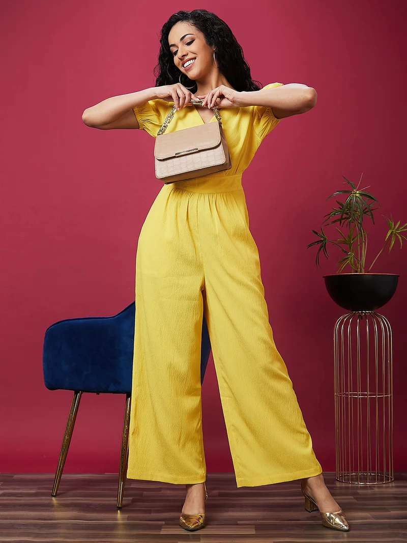 globus Women Yellow V-Neck Puff Sleeves Waist Tie-Ups Basic Jumpsuit