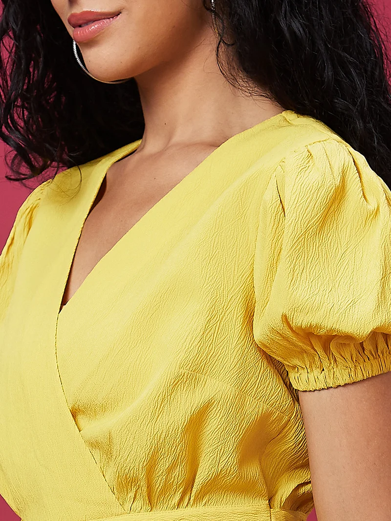 globus Women Yellow V-Neck Puff Sleeves Waist Tie-Ups Basic Jumpsuit