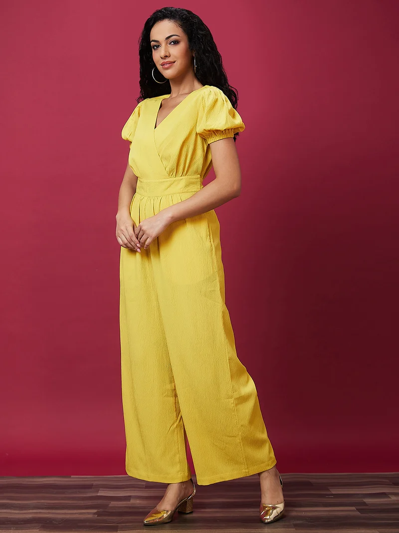 globus Women Yellow V-Neck Puff Sleeves Waist Tie-Ups Basic Jumpsuit