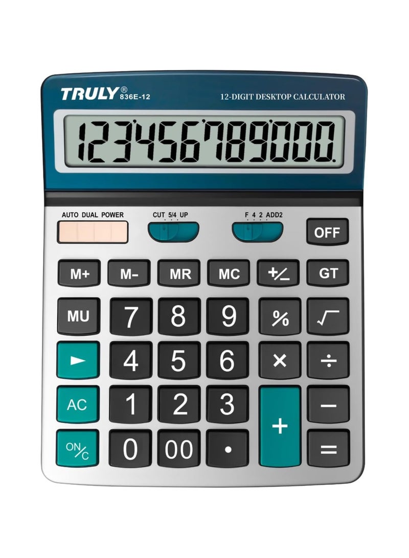 TRULY 896E-12 Desktop Calculator – 12-Digit Large LCD, Dual Power, Advanced Functions & Ergonomic Angle – Perfect for Office and Business Use - Image 1