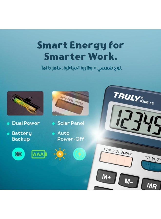 TRULY 896E-12 Desktop Calculator – 12-Digit Large LCD, Dual Power, Advanced Functions & Ergonomic Angle – Perfect for Office and Business Use - Image 2