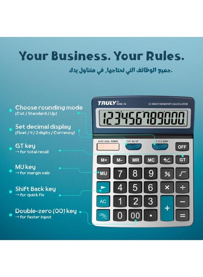 TRULY 896E-12 Desktop Calculator – 12-Digit Large LCD, Dual Power, Advanced Functions & Ergonomic Angle – Perfect for Office and Business Use - Image 3