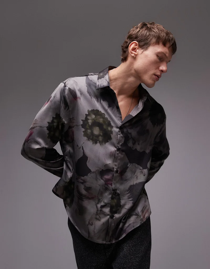 TOPMAN Long Sleeve Floral Printed Shirt