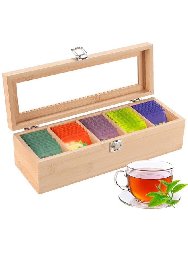 Tea Bag Organizer, Bamboo Tea Storage Box with 5 Compartment Tea Chest with Acrylic Clear Lid, Holds Tea Bags, Creamers, Sugar, Coffee Pods, Instant Coffee Packets - Image 1