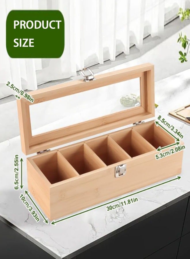 Tea Bag Organizer, Bamboo Tea Storage Box with 5 Compartment Tea Chest with Acrylic Clear Lid, Holds Tea Bags, Creamers, Sugar, Coffee Pods, Instant Coffee Packets - Image 2