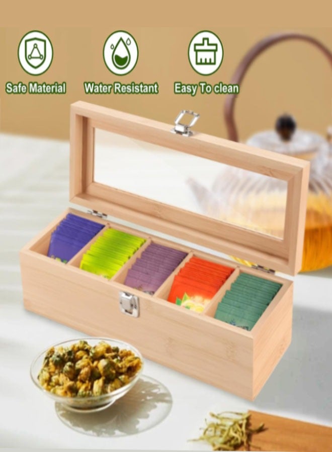 Tea Bag Organizer, Bamboo Tea Storage Box with 5 Compartment Tea Chest with Acrylic Clear Lid, Holds Tea Bags, Creamers, Sugar, Coffee Pods, Instant Coffee Packets - Image 3