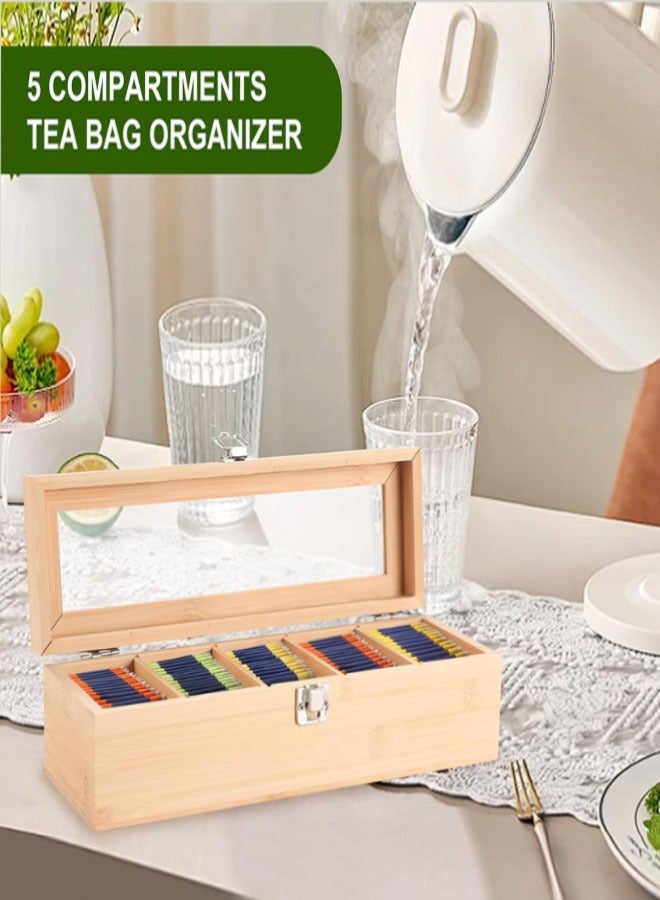 Tea Bag Organizer, Bamboo Tea Storage Box with 5 Compartment Tea Chest with Acrylic Clear Lid, Holds Tea Bags, Creamers, Sugar, Coffee Pods, Instant Coffee Packets - Image 4